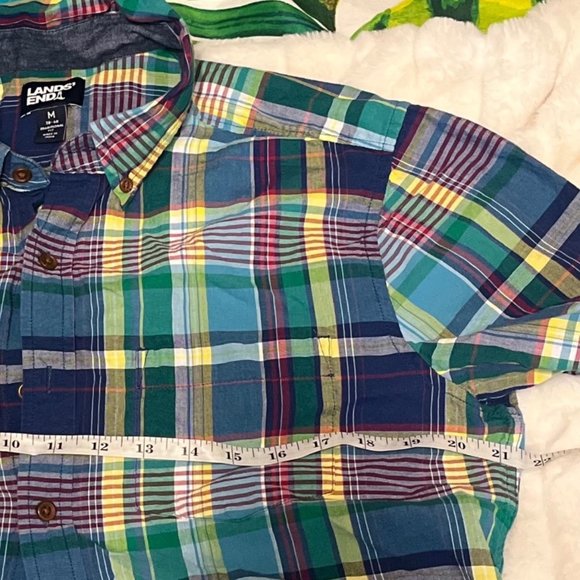Lands’ End Mens M Green Blue Preppy Outdoor Spring Summer Vacation Plaid Shirt - Picture 11 of 11